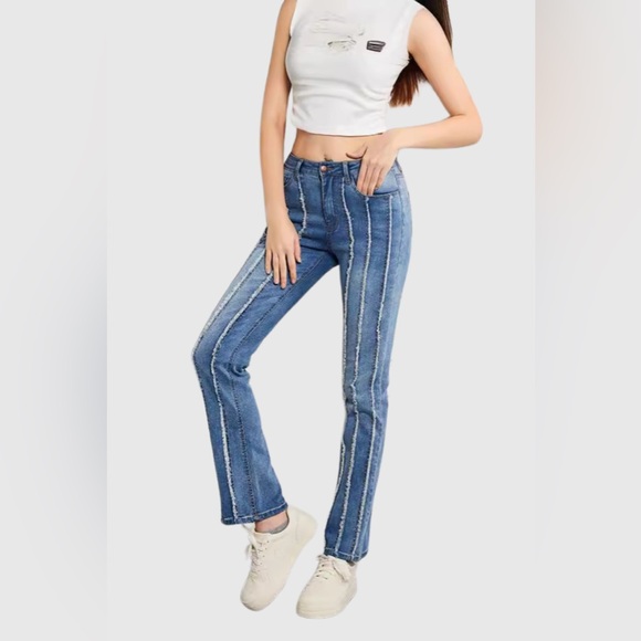 Amazon High Rise Boot Cut Jeans With Exposed Front Seams And Raw Waistband - Picture 1 of 10